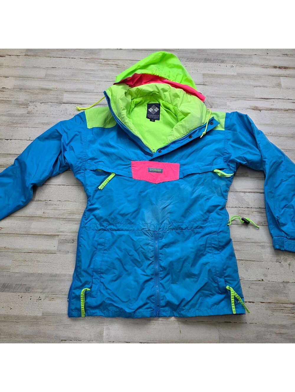 VTG Columbia Windbreaker Men XS Blue Neon Green Pink Colorblock Pullover Jacket